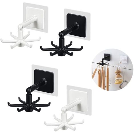 MINKUROW 4 Stück 360 Grad drehbare Haken, Haken ohne Loch, selbstklebender Haken, drehbarer Aufbewahrungshaken, Haken, selbstklebende Kleiderbügel, platzsparend, weiß und schwarz (X-4 Stück)