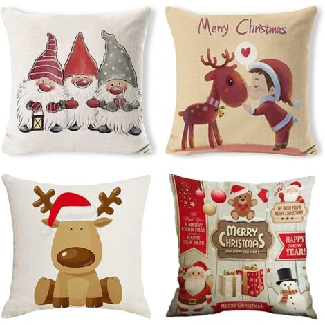 MINKUROW 4 Stück Weihnachtskissenbezüge, Weihnachtsmann, Elch, Leinen, Baumwolle, Kissenbezug für Zuhause, Bett, Sofa, dekorativ, Weihnachten, 45 x 45 cm (45 x 45 cm Weihnachtsmann)