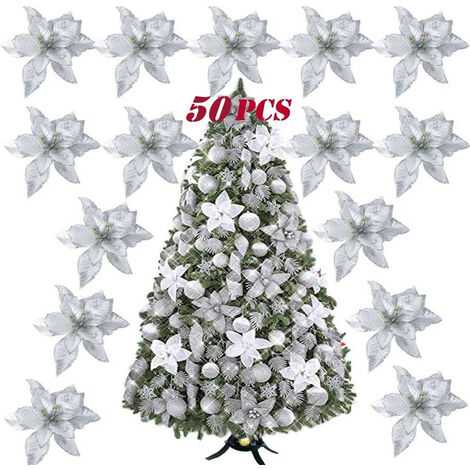 MINKUROW 50 Piezas 14 Cm Flor De Navidad Plata Artificial Lienzo No Tejido Abeto Árbol Falla Flor Decoración Árbol De Navidad Abeto Boda Jardín