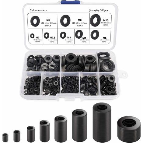 MINKUROW 500 Piezas Junta Redonda Junta De Nailon De Plástico Junta Negra Compatible Con M2 M2.5 M3 M4 M5 M6 M8 M10