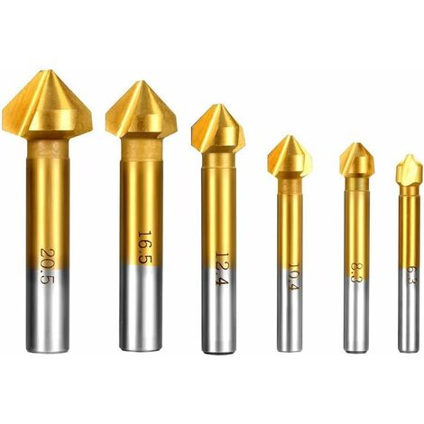 MINKUROW 6 uds HSS avellanador avellanador 90° chaflán avellanador 6,3mm 8,3mm 10,4mm 12,4mm 16,5mm 20,5mm dientes herramienta de revestimiento de titanio cortador de desbarbado cilíndrico para madera
