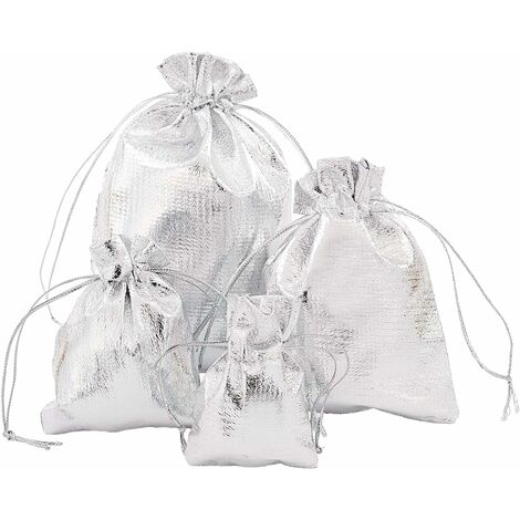 MINKUROW 60 Bolsas De Regalo Doradas De 2 Tamaños, 12 X 9 Cm/7 X 9 Cm, Bolsa De Organza Rectangular, Bolsa De Almacenamiento Con Cordón Para Joyería, Boda, Fiesta, Navidad, Dulces, Plata