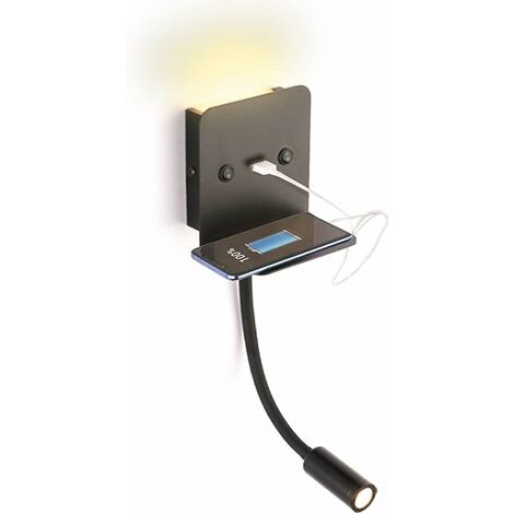 MINKUROW 6W schwarzes Aluminium LED Wandleuchte Leselampe mit verstellbarem 3W warmweißem flexiblem Strahler und USB-Ladestation für Schlafzimmer, Bett, Kopfteil