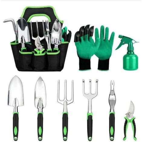 MINKUROW 9 Pezzi Attrezzi da Giardinaggio, Attrezzo da Giardinaggio per Adulti in Acciaio Inossidabile con Manici Ergonomici, Borsa per Il Trasporto, Guanti da Giardinaggio, Annaffiatoio