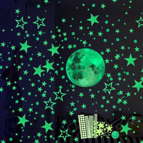 Pegatinas de pared fluorescentes luminosas de luna y estrellas  fosforescentes de 435 puntos, pegatina de techo para decoración de  habitación de bebés y niños