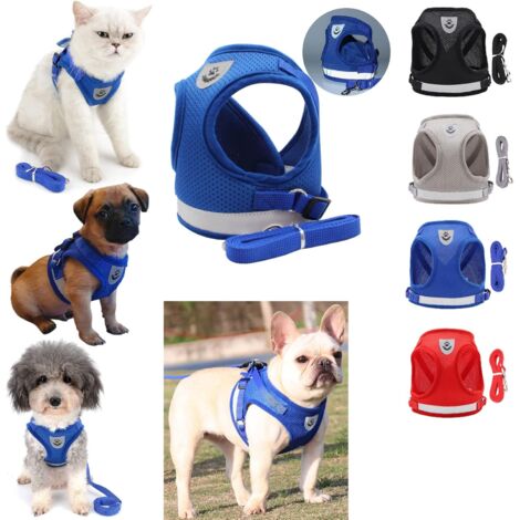 MINKUROW Arnés Para Gatos Y Gatitos Con Correa Ajustable Antiescape Con Tiras Reflectantes Arnés Para Cachorros Perro Pequeño Chihuahua Chaleco Gatos Transpirable Para Caminar Al Aire Libre (L, Azul)