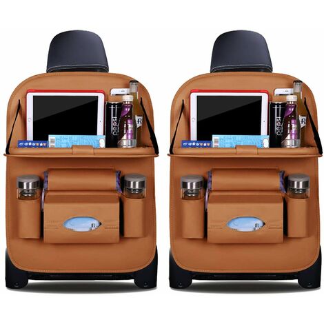 MINKUROW Auto-Organizer Rückenlehnenschutz Luxus Pu-Leder Autositzschutz mit faltbarer Tablet-Halterung Wasserdichter Rückenlehnenschutz Rückenlehnentasche für Kinder (Braun - 2er-Set)