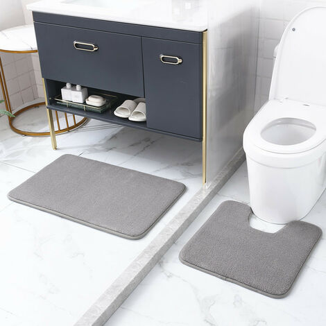MINKUROW Badematte 2er Set, saugfähige Mikrofaser Badezimmermatte, rutschfeste Badematte 50x80cm und U-Form Toilettenmatte Toilettenmatte 50x50cm (Grau)