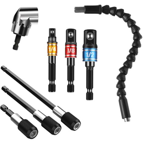 MINKUROW Bcc Kit De Extensión De Broca De 8 Piezas 1 Destornillador De Extensión Flexible Y Destornillador Flexible De 105° 3 Soportes De Broca Giratorios 3 Adaptadores De Vaso Angular 1/4" 3/8" 1/2"
