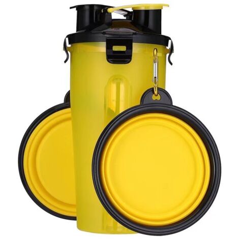 MINKUROW Botella De Agua Para Perros 2 En 1 Botella De Agua Portátil A Prueba De Fugas Para Perros Con 2 Tazones Plegables Para Perros Amarillo