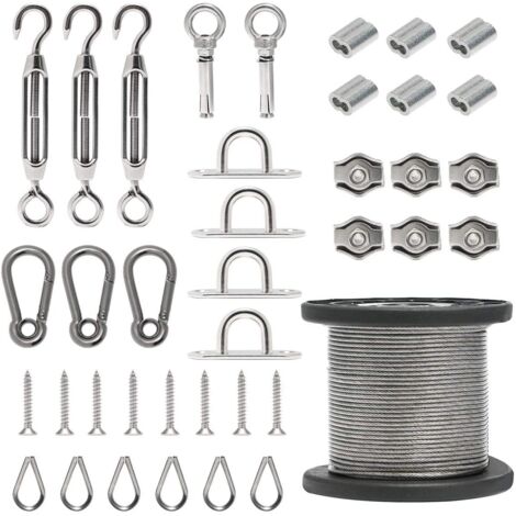Minkurow – Câble métallique 50m en acier inoxydable 304 – Résistant à la corrosion – Limite de charge 56kg – Accessoires inclus pour installation facile
