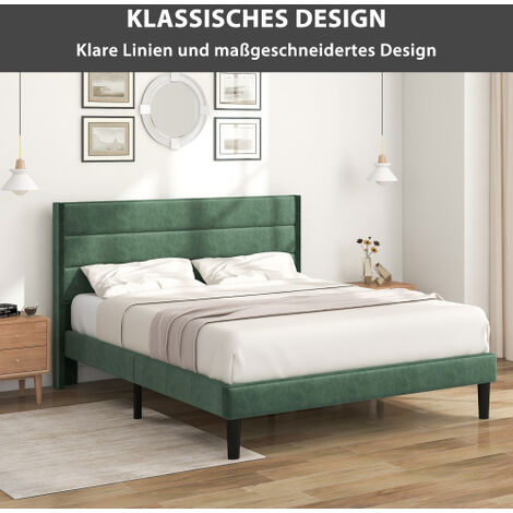 MINKUROW Cama Tapizada 140 X 200 Cm, Estructura De Cama Con Somier De Lamas Y Cabecero, Cama Doble Tapizada, Tapicería De Tela De Terciopelo Verde Oscuro, Diseño Moderno Atemporal, Cama Juvenil