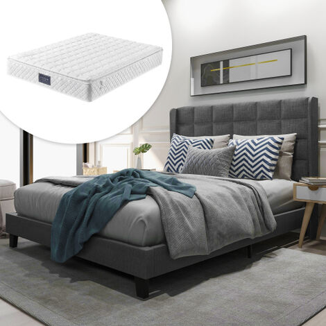 MINKUROW Cama tapizada de diseño moderno con cabecero tapizado Cama doble con somier de listones, 140x200 cm, en lino gris, firmeza media (con colchón de resortes)