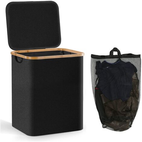 MINKUROW Cesto para la ropa sucia L 66l - Cesto para la ropa sucia plegable con tapa - Cesto para la ropa sucia de tela de bambú con asa - Cubo de almacenamiento Cesto para la ropa sucia - Cestas para