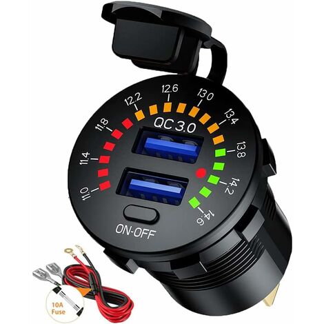 MINKUROW Charge 3.0 USB-Auto-Schnellladebuchsenadapter mit Schalter und LED-Voltmeter 12 V / 24 V 36 W Dual Qc3.0 USB für Marine, Boot, Motorrad