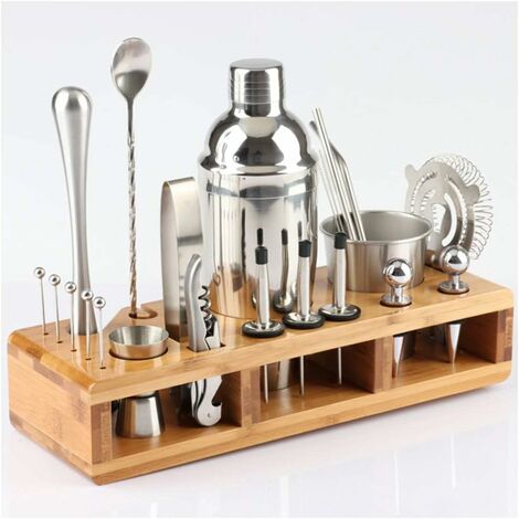 MINKUROW Coctelera De Acero Inoxidable De 23 Piezas Con Elegante Soporte De Bambú Y Libro De Recetas De Cócteles, Herramienta De Barra Profesional Para Mezclar Bebidas En Casa, Bar, Fiesta