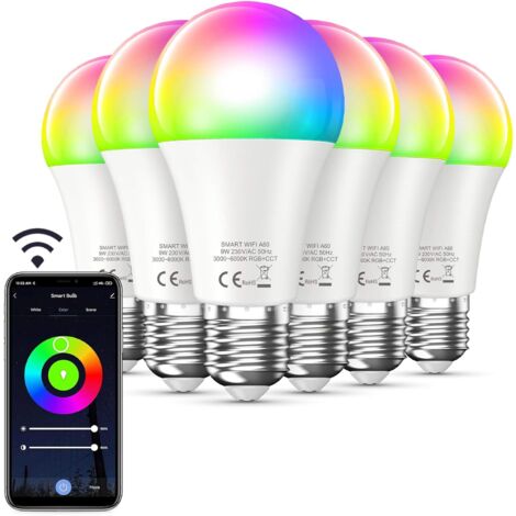 MINKUROW [Confezione Da 6], Lampadina Led Smart Wifi E27 9w, Lampadina Cambia Colore Rgb+Cct Con Controllo App, Lampadina Dimmerabile Da Bianco Caldo A Bianco Freddo, Lampadina Wifi
