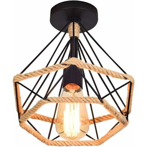 MINKUROW Deckenlampe Retro Vintage Industrielle Deckenleuchte Metall Diamantform Käfig mit Hanfseil Eisen Kronleuchter Pendelleuchte Für Wohnzimmer Schlafzimmer Dekorieren Zuhause (380mm Bracket)