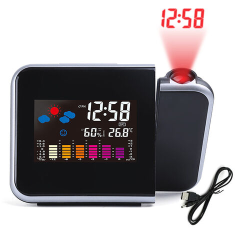 MINKUROW Digitaler Projektionswecker mit Temperatur-Hygrometer, Uhrzeit, Datum, LCD-Display, Uhr – mit schwarzem USB-Kabel