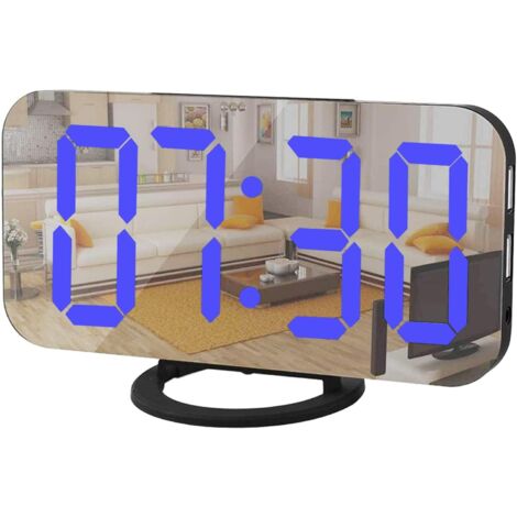 MINKUROW Digitaler Wecker, LED-Spiegeluhr, Schlummerfunktion, Dimmbares Nachtlicht, 2 USB-Ladeanschlüsse, Desktop-Wecker für Schlafzimmerdekoration (Schwarz Blau)