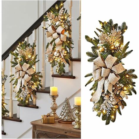 MINKUROW Drahtlose vorbeleuchtete Weihnachtsgirlanden mit LED-Lichtern für Haustür, Feiertags-Wand-Fensterdekorationen, Gold, 2 Stk