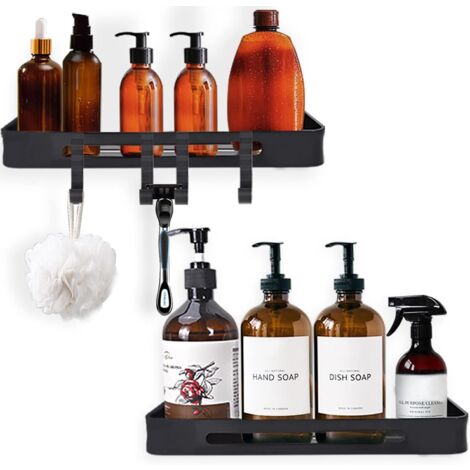 MINKUROW Duschablage mit 4 Haken, kein klebendes Bohren, Dusch-Organizer, Shampoo-Halter, Wandmontage, langlebiger Aluminium-Aufbewahrungs-Organizer für Badezimmer, Waschraum, Küche und Wohnheim