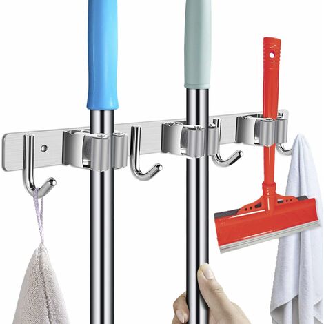 MINKUROW Edelstahl-Werkzeughalter – Besenhalter für die Wand, Gartengeräte, selbstklebender Besenhalter (mit Schrauben und Klebestreifen) – 3 Halterungen und 4 Haken, grau
