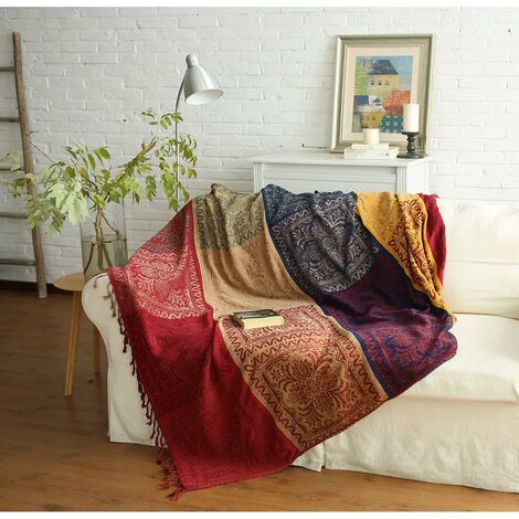 MINKUROW Einzelsofadecke aus Baumwolle, 150 x 190 cm, gestrickte Fransendecke, doppelseitiges Patchwork, warme dekorative Decke für Zuhause, Büro, Reisen, Tibetrot MINKUROW