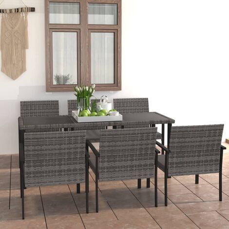 Minkurow – Ensemble table et chaise de jardin 7 pcs – Résine tressée gris – Coussins amovibles – Table 180x70cm – Chaise 53x58,5cm