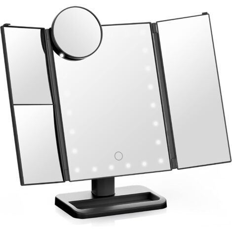 MINKUROW Espejo De Maquillaje Led Triple - Espejo De Escritorio Plegable Con Dos Modos De Potencia - Aumento De 1x/2x/3x/10x (Negro)
