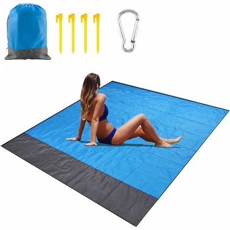 MINKUROW Esterilla de playa, manta de picnic de 210 cm x 200 cm, manta de picnic antiarena, con 4 estacas fijas, portátil, impermeable, plegable, para playa, camping, jardín, barbacoa, senderismo, via