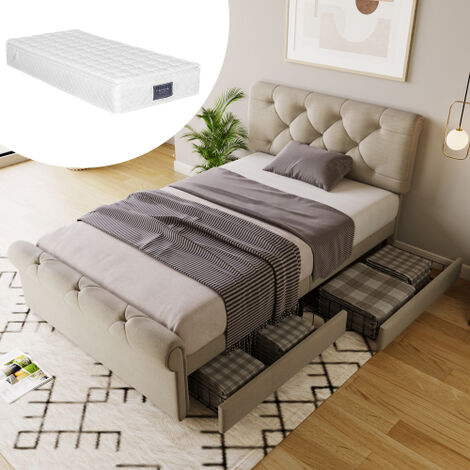 MINKUROW Cama tapizada de 90 x 200 cm con somier, respaldo y dos cajones  Cama individual Cabecero regulable en altura Terciopelo agradable para la  piel Cama infantil plana Cama juvenil Cama auxiliar s