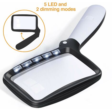 MINKUROW Faltbare Leselupe Große 5 LED Lupe Mit Licht Handlupe 3 Mal 2 Modi Dimmbare Lupe Für Ältere Leseinspektion Hobby Handwerk Uhrmacher Münzen Briefmarken Antiquitäten Schmuck