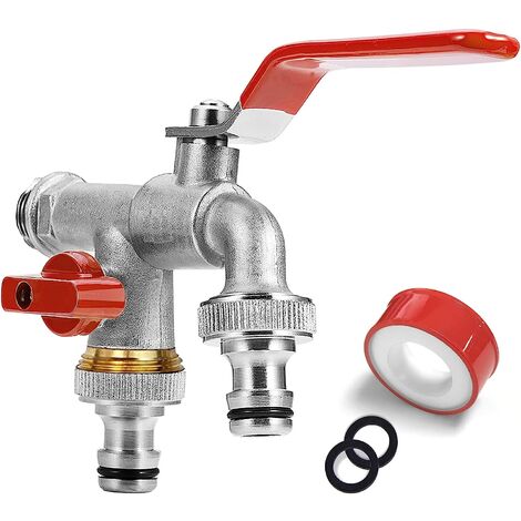 MINKUROW Gartenhahn, 3/4-Zoll-Wasserhahn mit doppeltem Auslass, rost- und frostbeständig, mit 2 x 3/4-Zoll-Auslässen, 1 x Rollendichtband, doppeltem Anschluss und Schlauchende für Wasserhahn (rot)