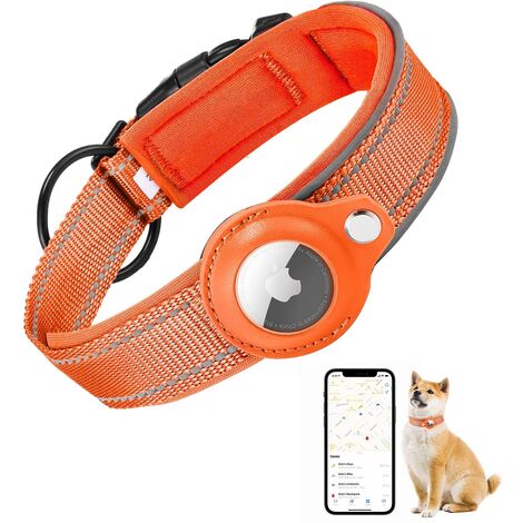 MINKUROW Gepolstertes Hundehalsband für Airtag, Apple Airtag Reflektierendes Hundehalsband, Integriertes Air Tag für kleine, mittelgroße und große Hunde, [Orange – Größe S]