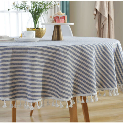 MINKUROW Gestreifte Baumwoll-Leinen-Tischdecke mit Fransen, blaue Streifen, Picknick-Tischdecke, dekorativer Hintergrund, moderner Bezug, Tischdecke, Durchmesser 120 cm