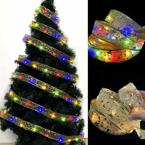 MINKUROW Glänzende Band-Lichterketten, 5 m LED-Band-Weihnachtslichter, LED-Weihnachtsbaumband, batteriebetriebene Diy-Spitzenschleife, Weihnachtsdekoration, Baum, Urlaub, drinnen, draußen, Gold + bunt