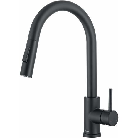 MINKUROW Grifo de cocina de acero inoxidable de alta presión negro, grifo de cocina extraíble giratorio de 360 °, grifo mezclador de cocina cepillado con 2 tipos de chorros