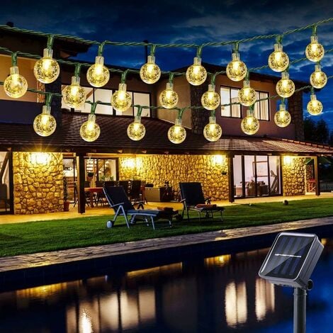 MINKUROW Guirnalda de luces solares para exteriores, 6,5 m, 30 luces LED para exteriores, 8 modos, bolas de cristal impermeables, guirnalda de luces solares para el hogar, jardín, patio, decoración de