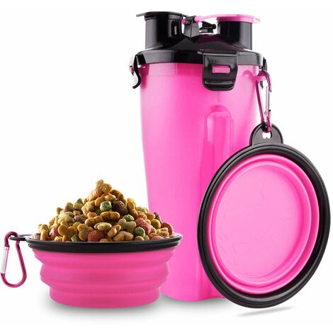 MINKUROW Hundewasserflasche, 2 in 1 tragbare, auslaufsichere Hundewasserflasche mit 2 zusammenklappbaren Hundenäpfen, Pink
