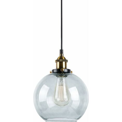 MINKUROW Industrielle Vintage-Glas-Pendelleuchte, Metall-Finish, Klarglaskugel, runder Schirm, Loft-Pendelleuchte, Retro-Deckenleuchte, Vintage-Lampe (Rauchgrau, 20 cm)