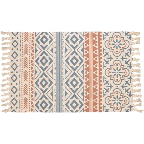 MINKUROW Innen- und Außenteppich, böhmischer Baumwollteppich mit Fransen, handgewebter kleiner Teppich für Wohnzimmer, Schlafzimmer, modernes Design für Zuhause, 60 x 90 cm