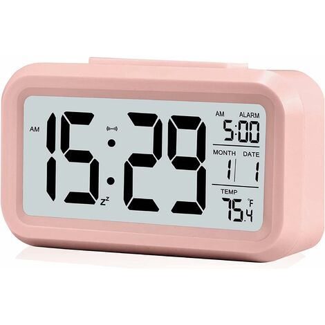 MINKUROW Intelligenter digitaler Wecker mit Datums- und Temperaturerinnerungstaste, batteriebetriebene rechteckige Tischuhr für Schlafzimmer, Büro, Rosa