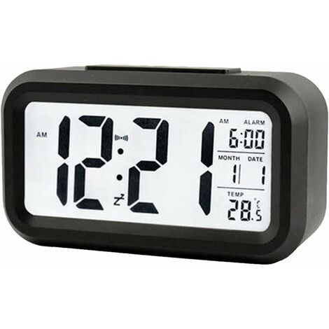 MINKUROW Intelligenter digitaler Wecker mit Datums- und Temperaturerinnerungstaste, rechteckig, batteriebetrieben, Schreibtischuhr für Schlafzimmer, Büro, Schwarz