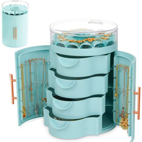 MINKUROW Joyero De Doble Puerta, Organizador De Joyas Con 4 Cajones Para Anillos Pendientes Pulseras Collar, Regalo De Cumpleaños Mujer (Azul)