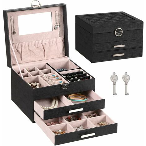 MINKUROW Joyero Joyero Chica Joyero Caja De Almacenamiento Con 3 Cajones Espejo Y Cerradura Forro Suave Para Chica Pendiente Collar Anillo Joyería