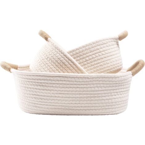 MINKUROW Juego de 3 cestas de almacenamiento - Cesta de almacenamiento para niños - Organizador de baño - Cesta tejida de algodón - Cesta de almacenamiento - Blanco / Crema