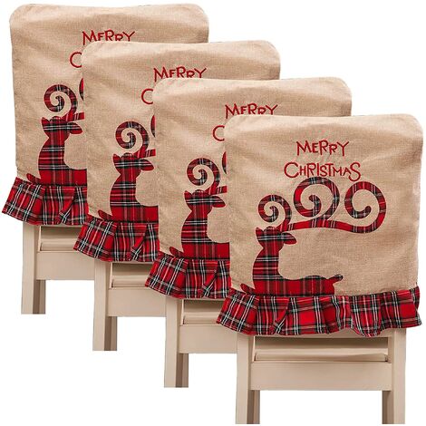MINKUROW - Juego De 4 Fundas De Lino Para Sillas De Navidad, Fundas Para Sillas De Alce De Papá Noel, Fundas Para Sillas De Navidad Lavables Con Diseño De Celosía, Fundas Para Sillas Para Comedor De N