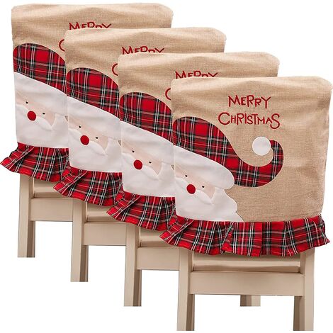 MINKUROW - Juego De 4 Fundas Para Sillas De Navidad De Lino, Fundas Para Sillas De Navidad De Alce, Fundas Para Sillas De Navidad Lavables Con Fundas Para Sillas De Celosía Para Comedor De Navidad (Se