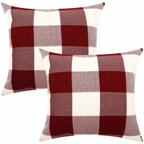 MINKUROW Karierter Kissenbezug, 2 Stück, atmungsaktiv, knitterfrei, Polyester-Kissenbezüge, dekorative Kissenbezüge für 45 x 45 cm, Rot und Weiß